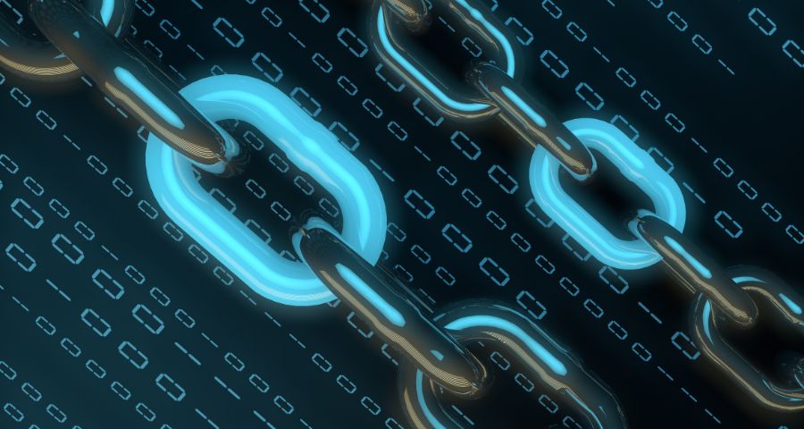 Glowing blue chain links over binary code, a visual metaphor for blockchain's linked-block structure.