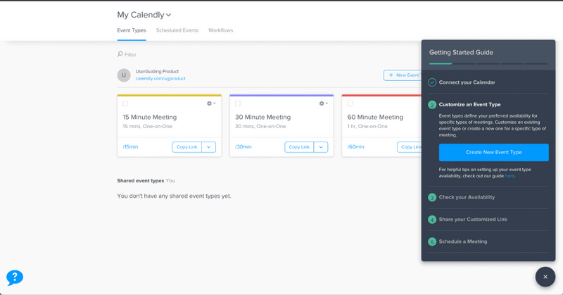 Calendly's Getting Started checklist guiding new users to connect a calendar and create an event type.