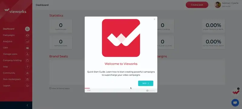 Vieworks dashboard showing a Welcome onboarding pop-up with a Quick Start Guide for new users.