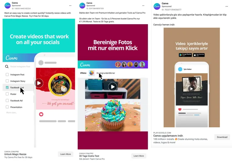 Three Canva ads localized in English, German, and Turkish, each promoting the same video feature.