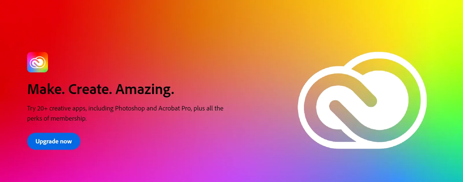 Adobe Creative Cloud's homepage promoting 20+ creative apps including Photoshop and Acrobat Pro