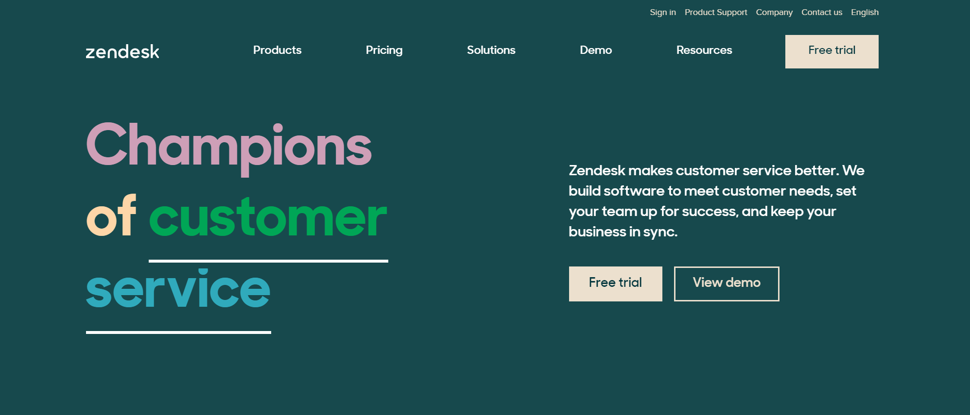 Zendesk's homepage headline Champions of customer service describing its customer support software