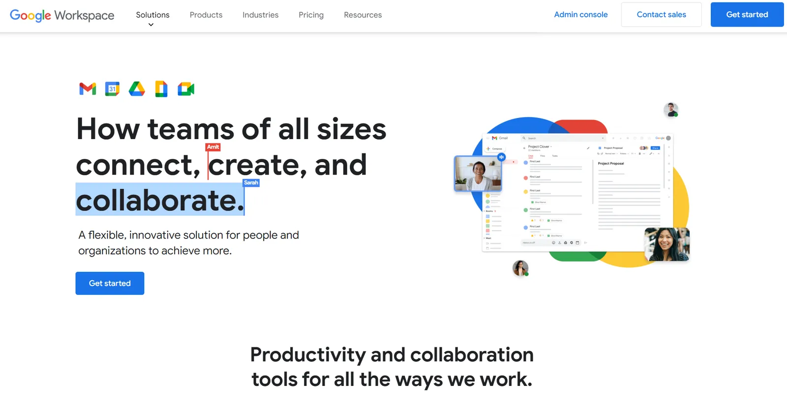 Google Workspace's homepage showing integrated Gmail, Calendar, Docs and Meet tools for team collaboration