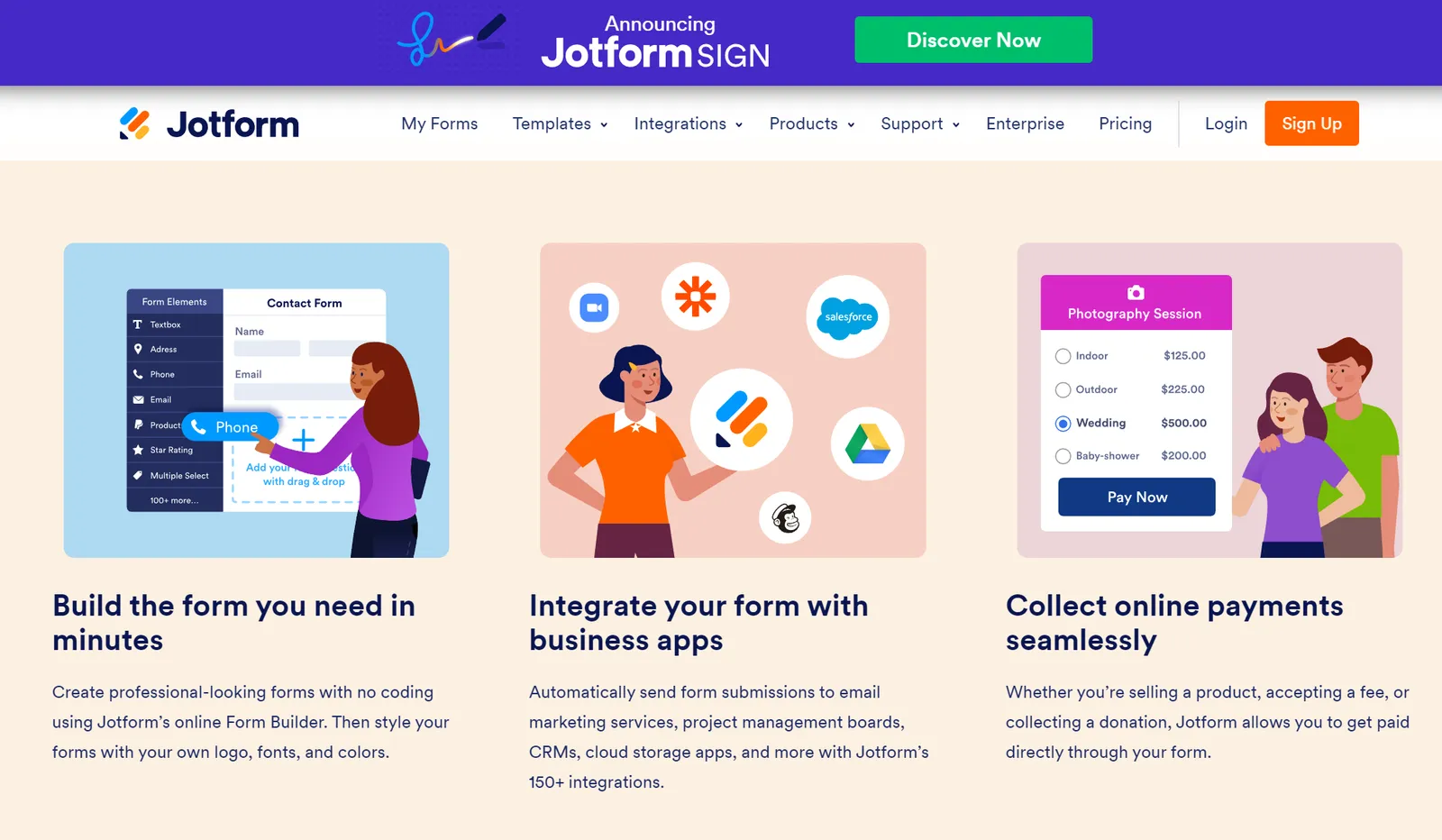 Jotform's homepage showing its form builder, business app integrations, and online payment collection features