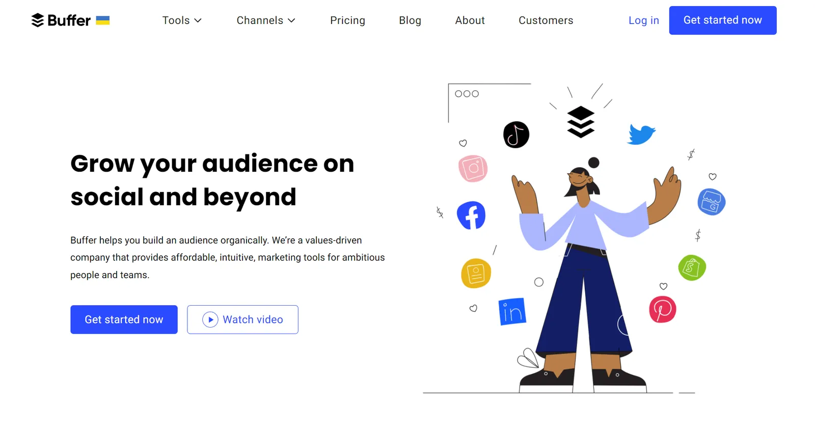 Buffer's homepage promoting organic audience growth across social platforms like Instagram, Facebook and TikTok