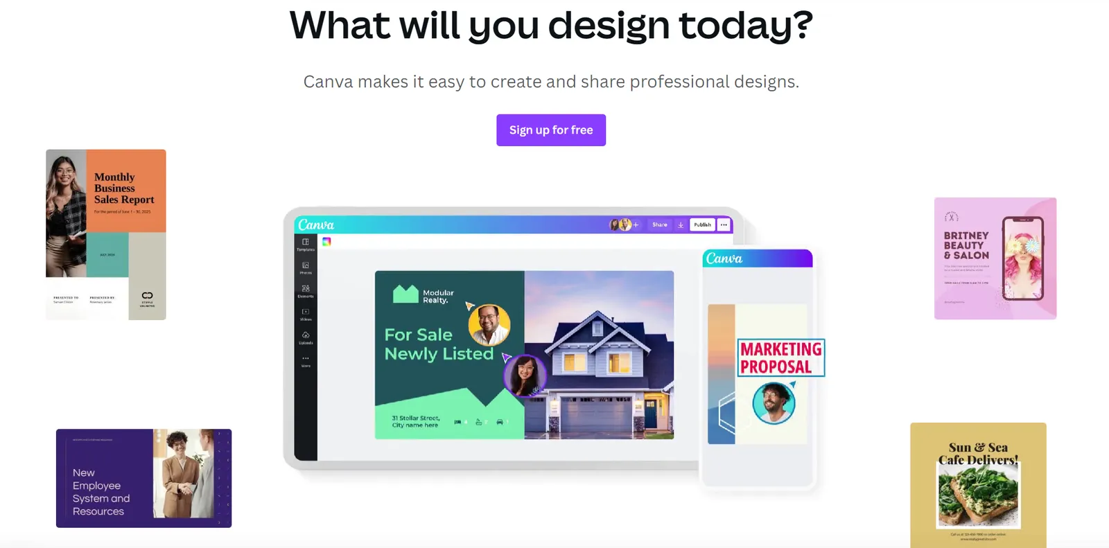 Canva's homepage showcasing ready-made templates for social posts, presentations and marketing materials