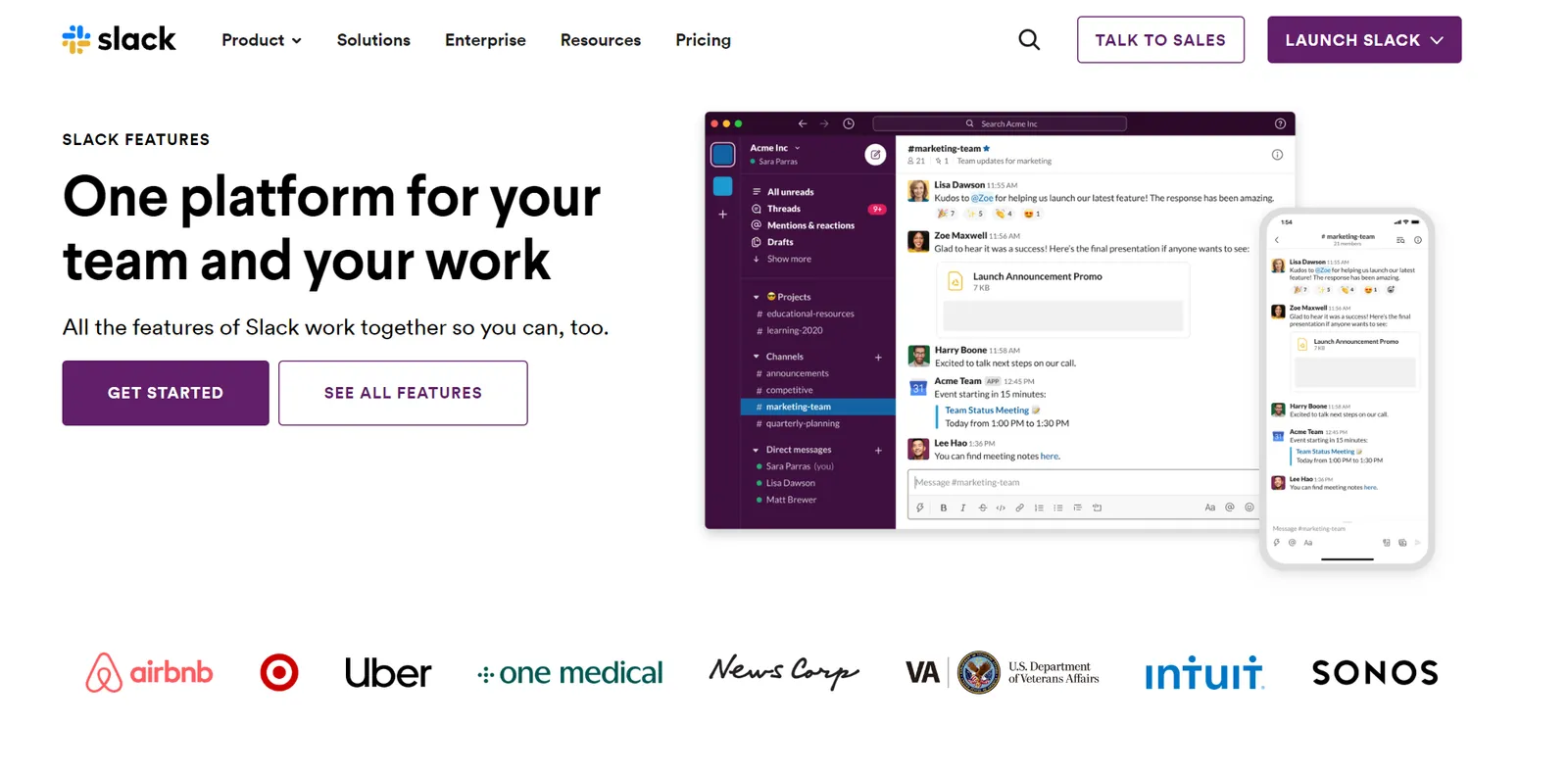 Slack's homepage showing a team channel interface alongside customer logos like Airbnb, Uber and Intuit