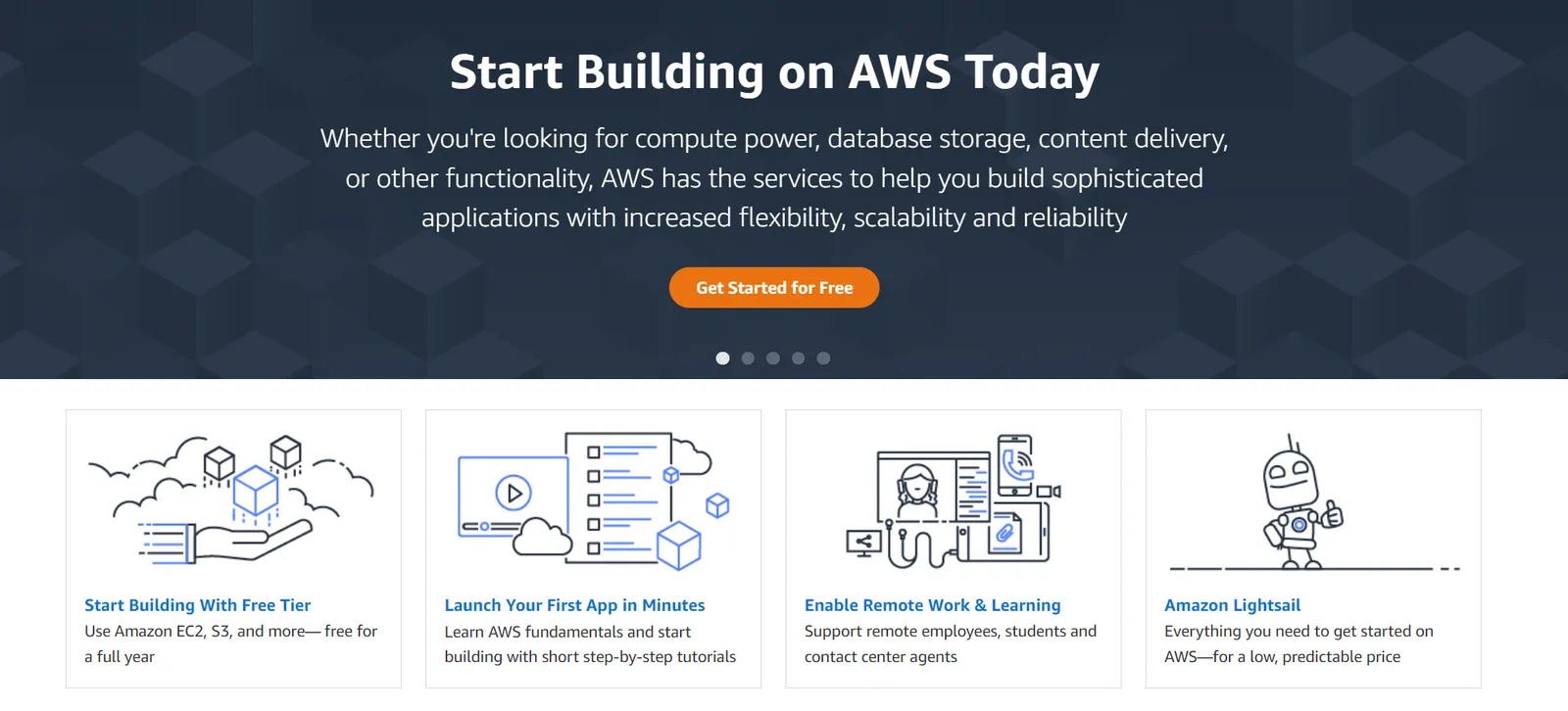 AWS homepage promoting free tier compute and storage, quick app launches, and remote work tools