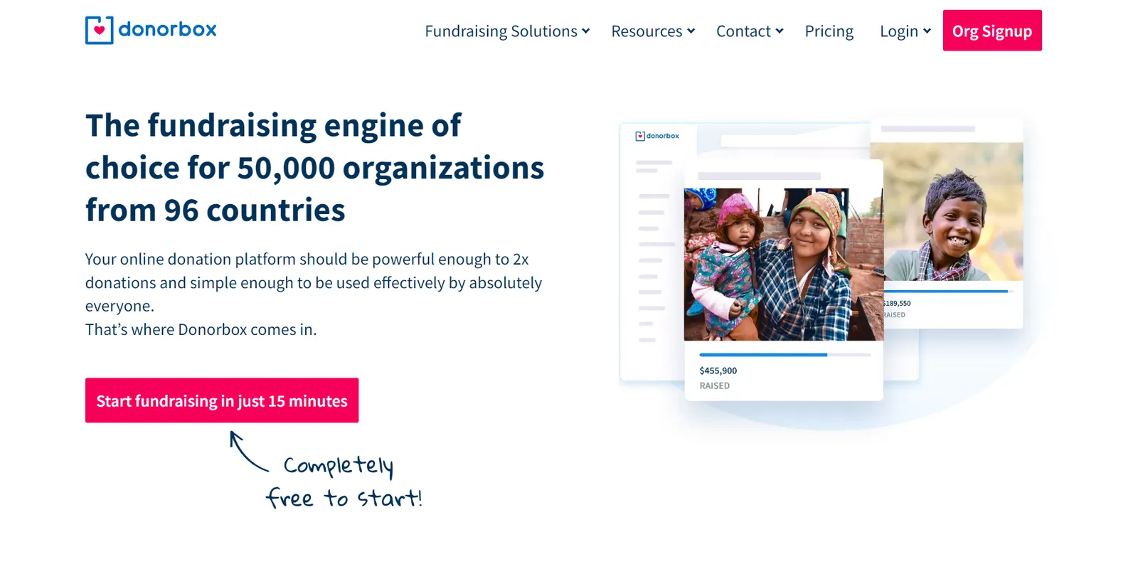 Donorbox's homepage stating it's used by 50,000 organizations in 96 countries, with sample donation campaign cards
