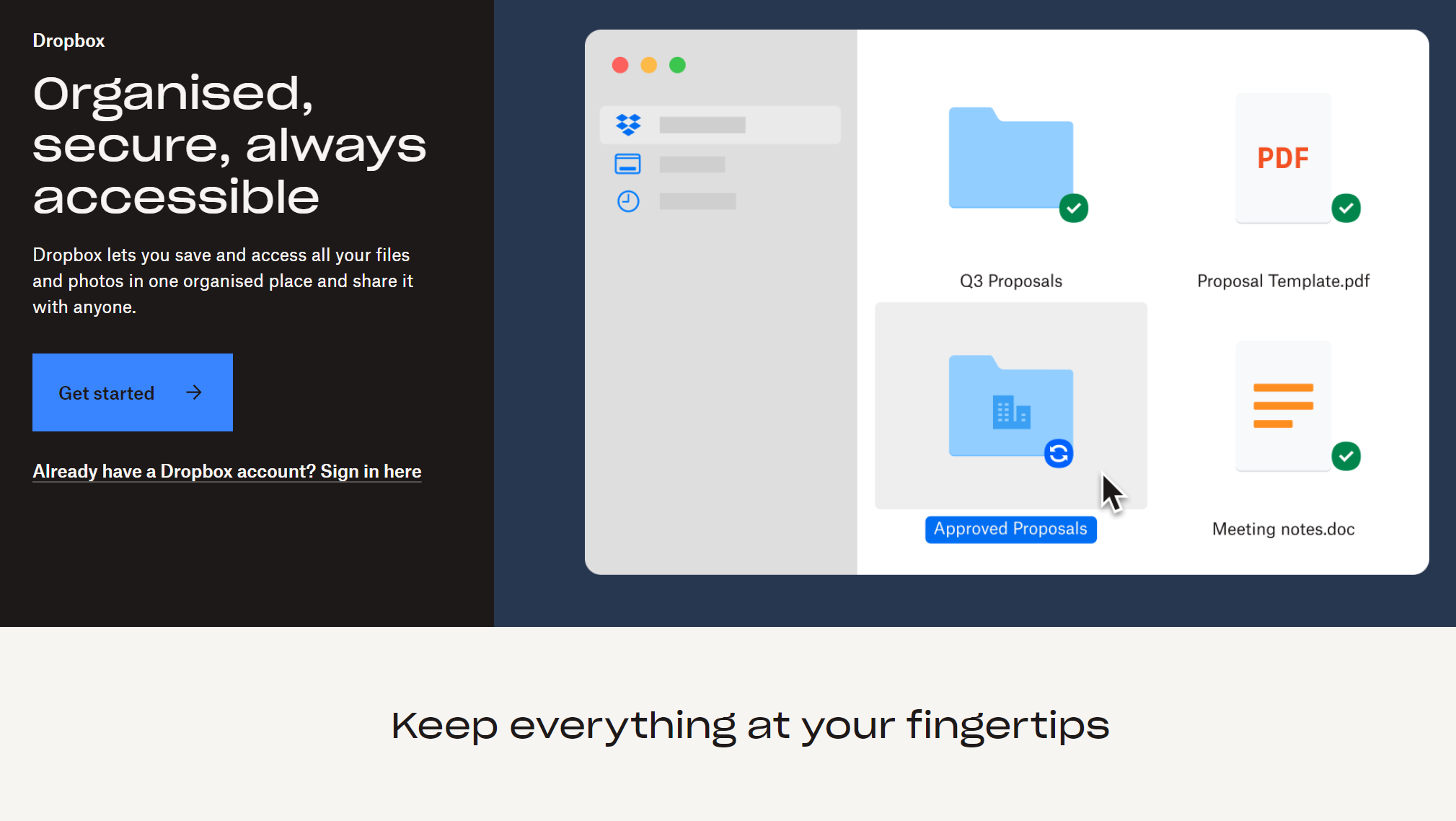 Dropbox's homepage showing synced folders and files like Q3 Proposals kept organized and accessible from any device