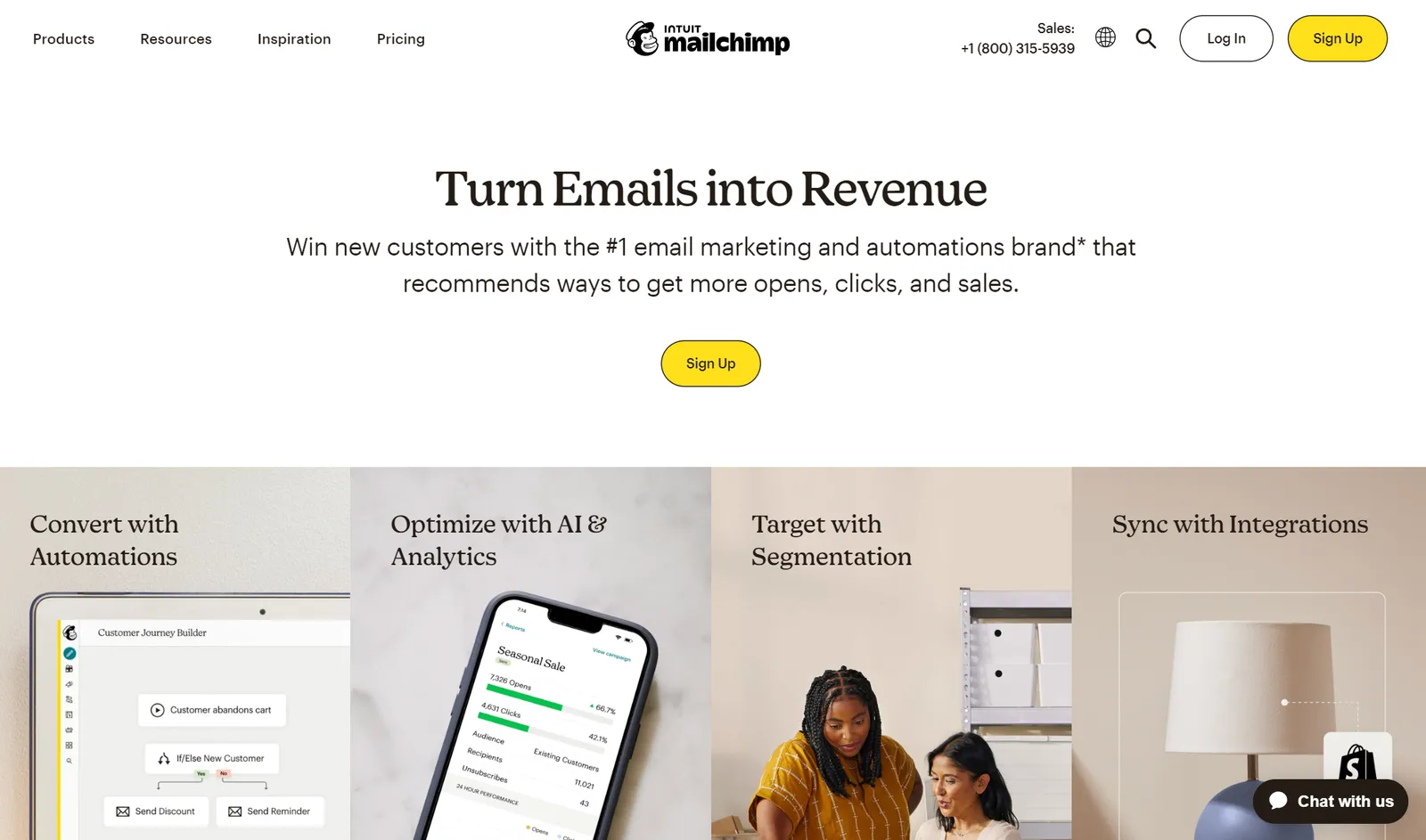 Mailchimp's homepage headline Turn Emails into Revenue with tiles for automation, AI analytics and segmentation