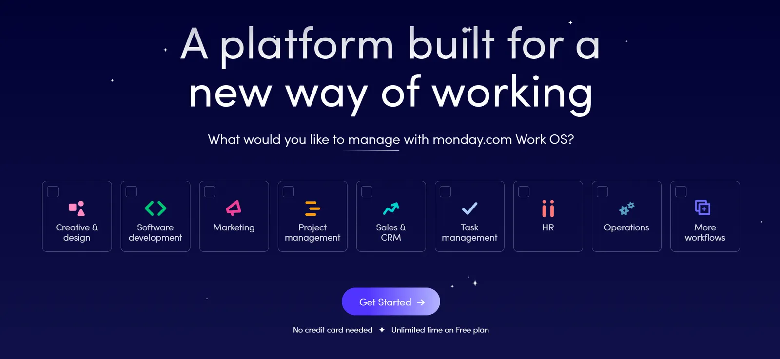 Monday.com's homepage letting visitors pick a workflow category like marketing, sales or HR to manage with its Work OS