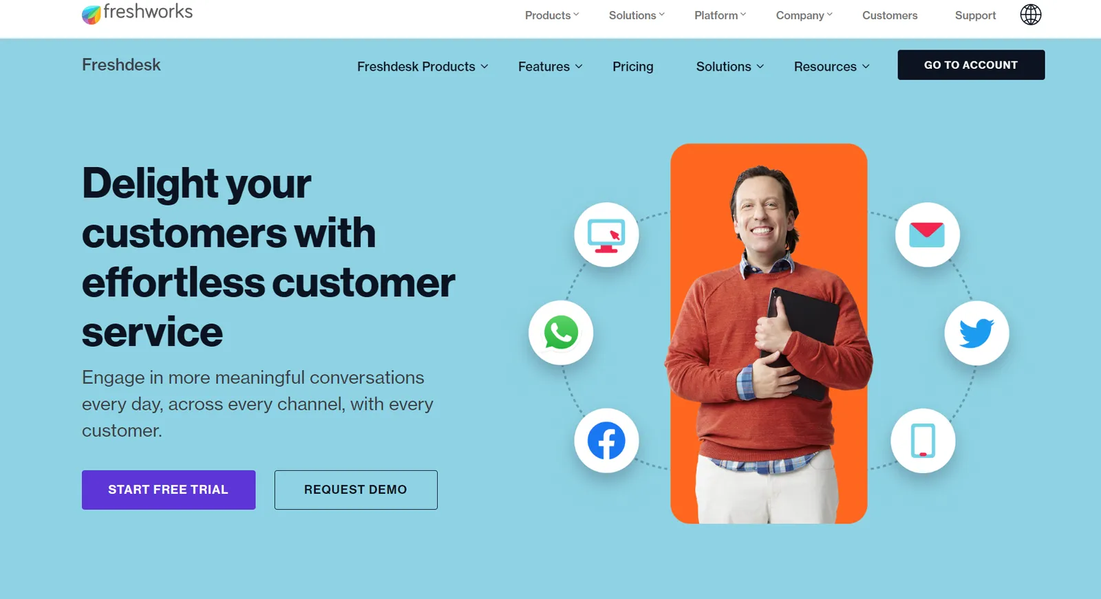 Freshdesk's homepage showing customer support across channels like email, chat, phone and social messaging