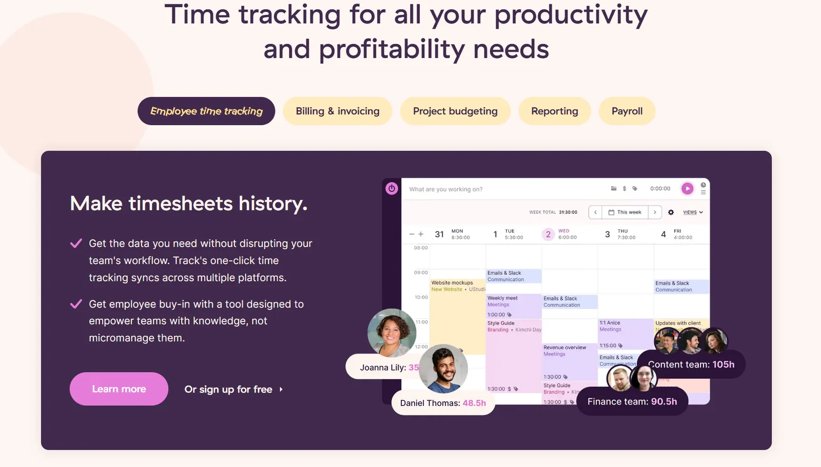 Toggl Track's homepage showing its weekly timesheet view and team time totals