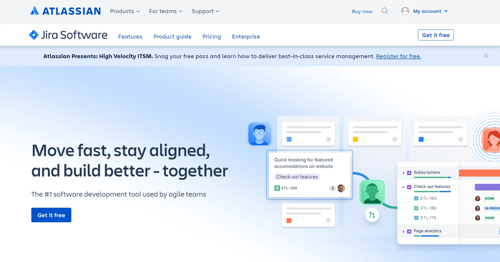 Jira Software's homepage showing sample task boards and its tagline about moving fast and staying aligned