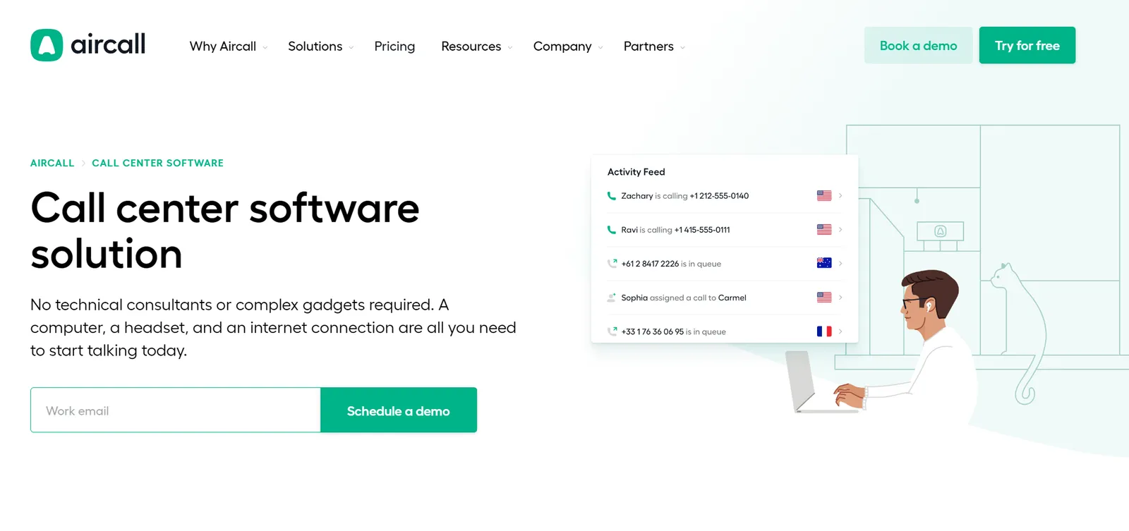 Aircall's homepage showing its call center software and a live call activity feed