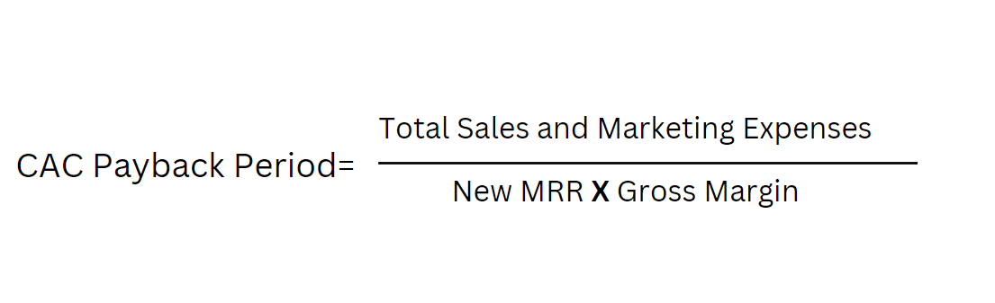 CAC Payback Period formula: total sales and marketing expenses divided by new MRR times gross margin