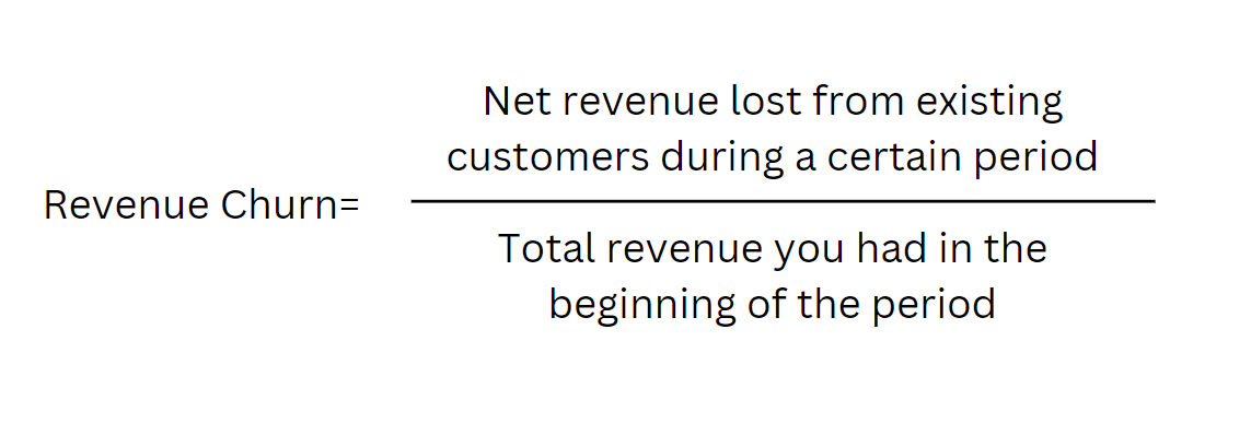 Revenue churn formula: net revenue lost from existing customers divided by total starting revenue
