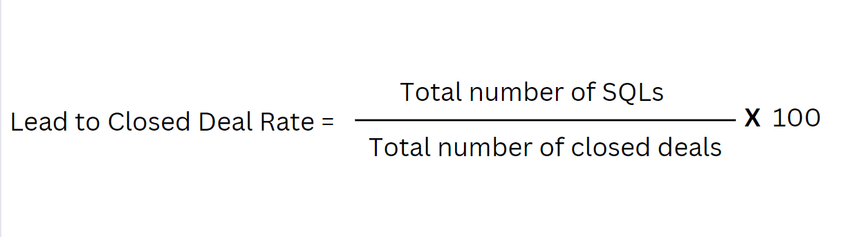 Lead to closed deal rate formula: total SQLs divided by total closed deals, times 100