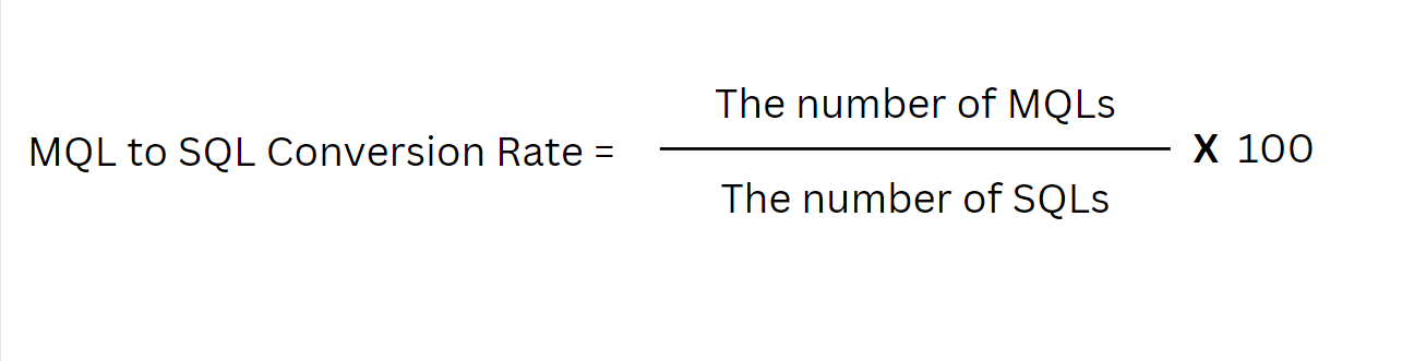 MQL to SQL conversion rate formula: number of MQLs divided by number of SQLs, times 100