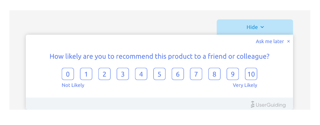 In-app NPS survey asking how likely a user is to recommend the product, rated zero to ten