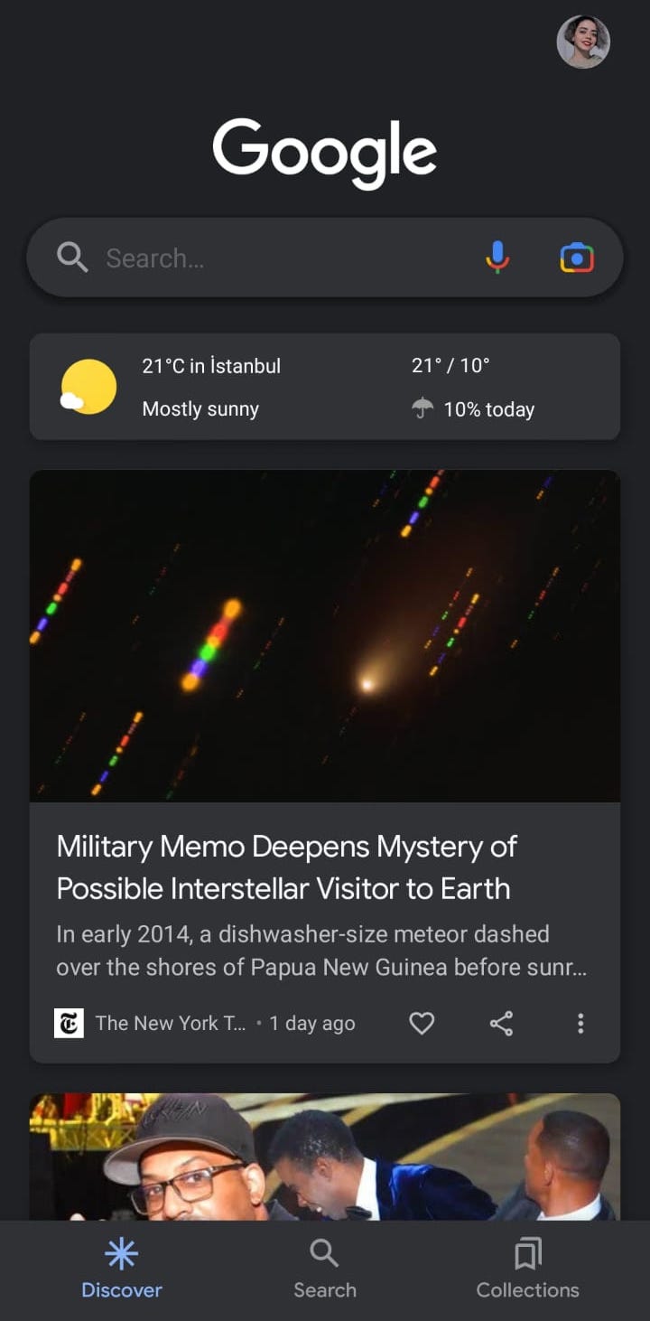 Google's mobile Discover feed showing personalized weather info and a tailored news recommendation.