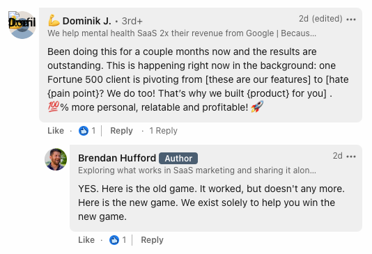LinkedIn comment thread where Brendan Hufford agrees SaaS brands should lead with customer pain points, not features