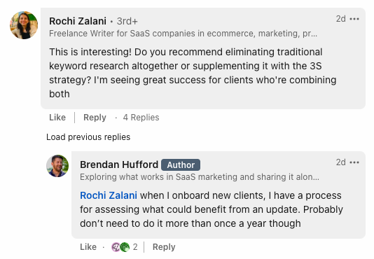 LinkedIn reply where Brendan Hufford says he reassesses each client's keyword strategy instead of ditching it