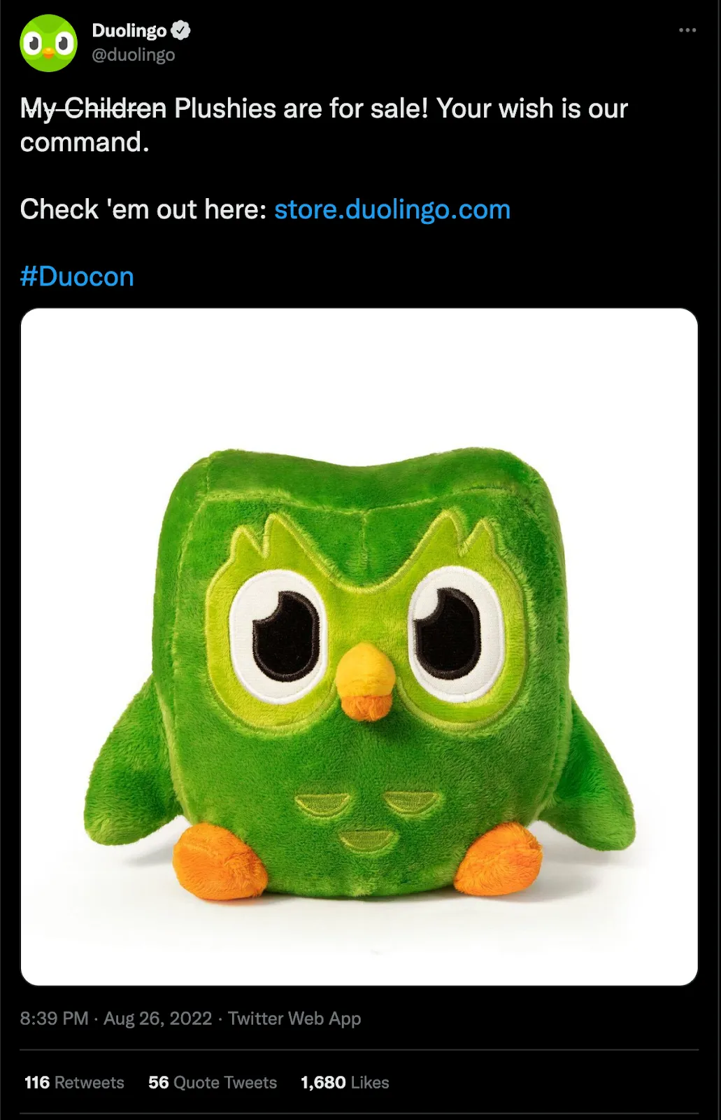 Duolingo's tweet announcing Duo plushies for sale, featuring a photo of the green owl mascot plush toy