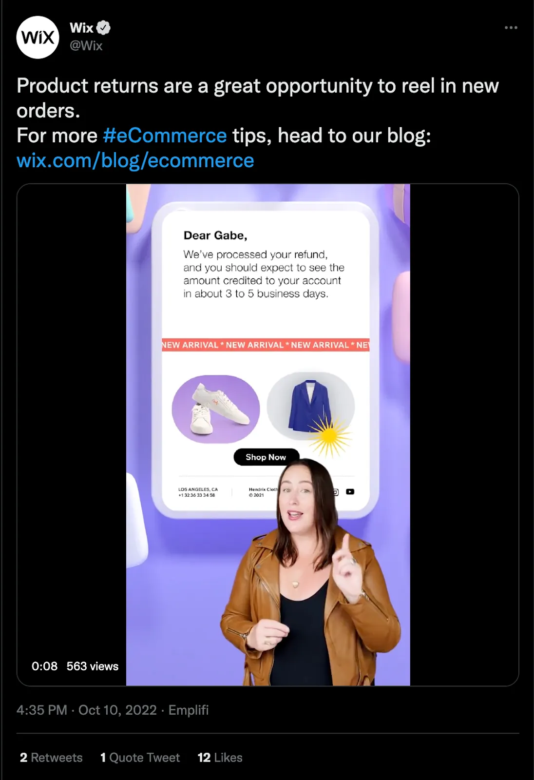 Wix's tweet with a short video about turning product returns into new orders, showing a refund email example