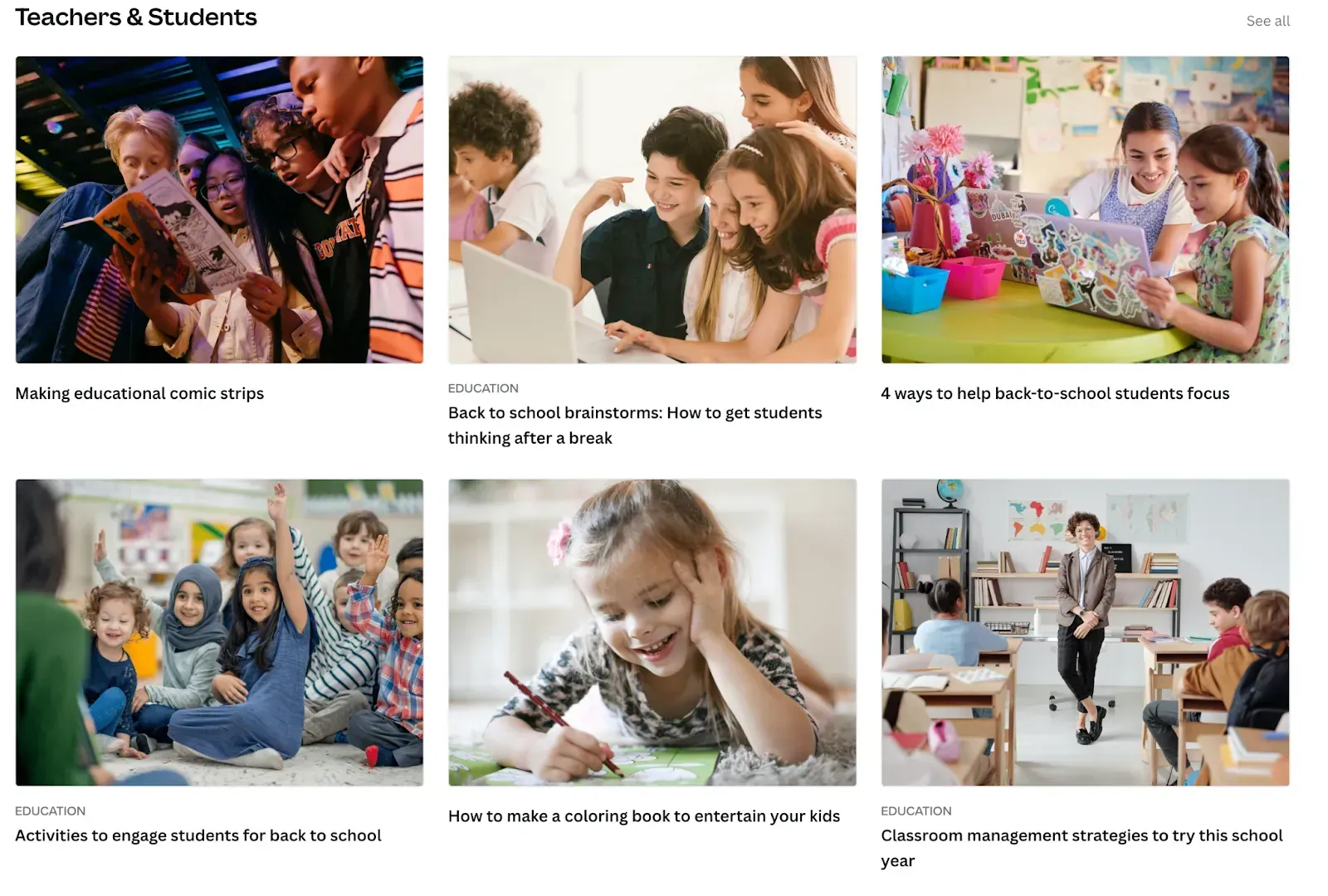 A Teachers and Students content grid of blog thumbnails, an example of screenshot-style visual content