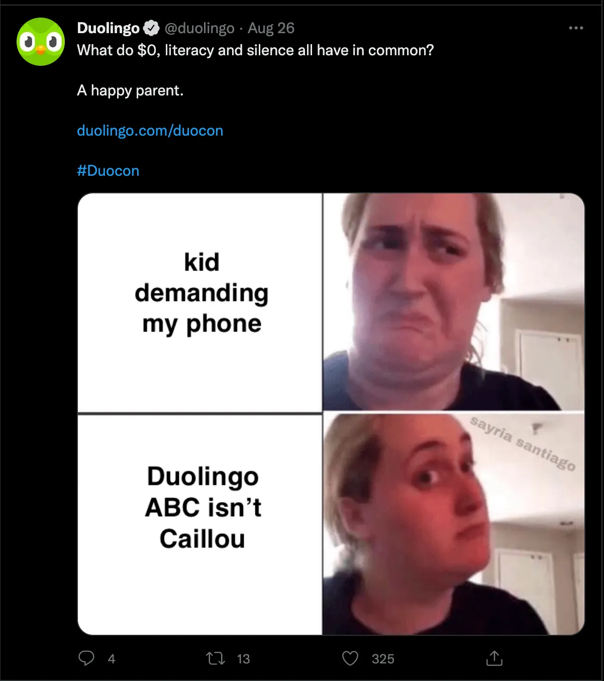 Duolingo's tweet using a reaction meme to joke about kids demanding phones versus watching its Duolingo ABC app